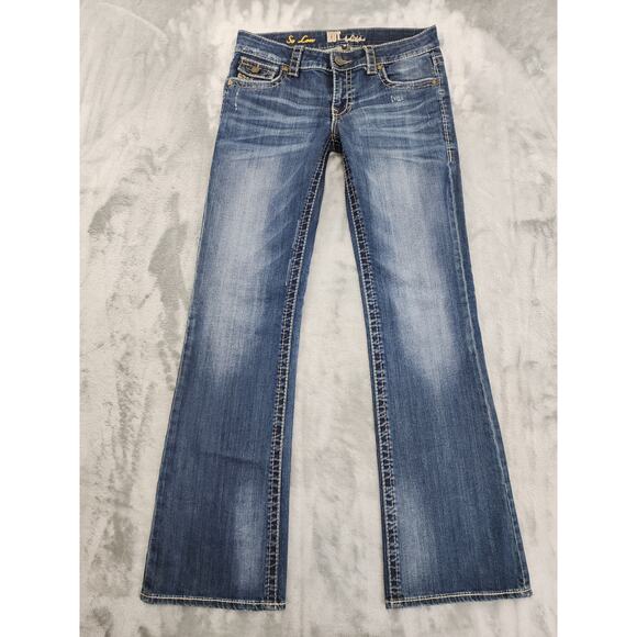 KUT Kate So Low Bootcut Jeans Size 10 Blue Stretch Contrast Stitch Flap Pockets - Picture 1 of 16